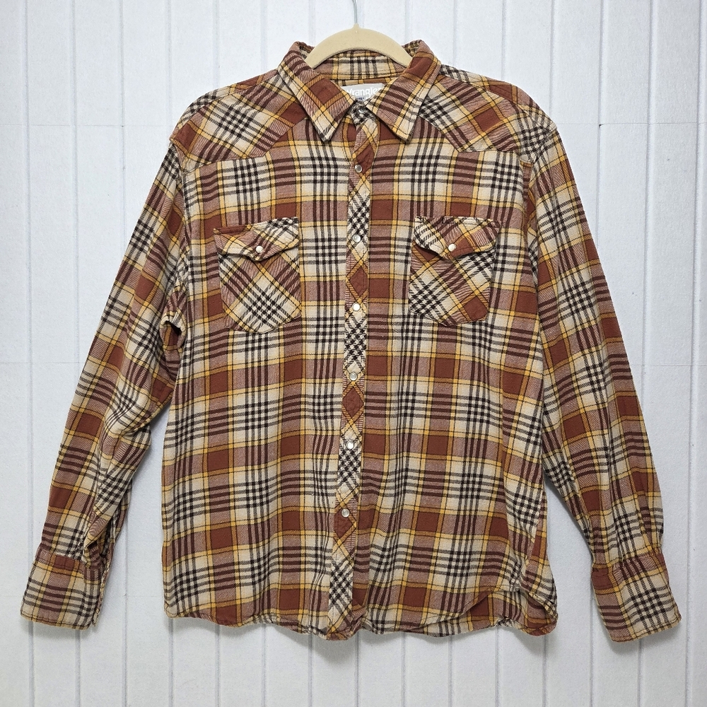 Wrangler Vintage Wrancher Flannel Plaid Pearl Snap Western Shirt Mens Size L